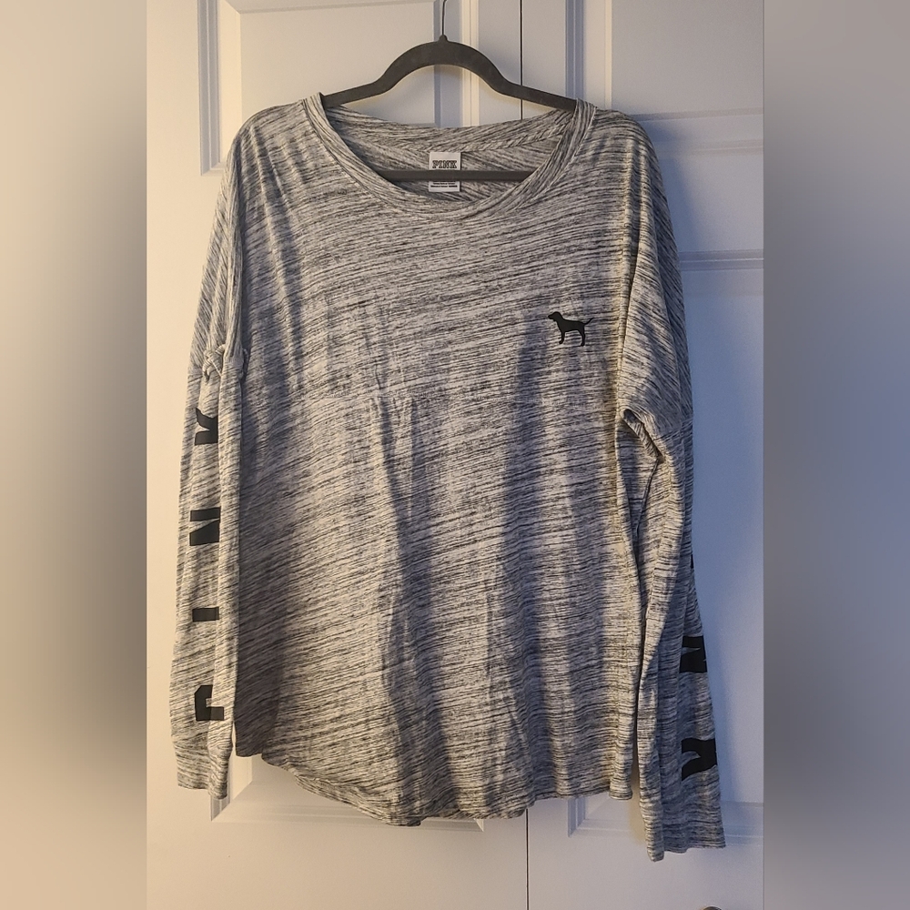 PINK Victoria's Secret Gray Long Sleeve with pink/black logo- Large - Picture 2 of 7